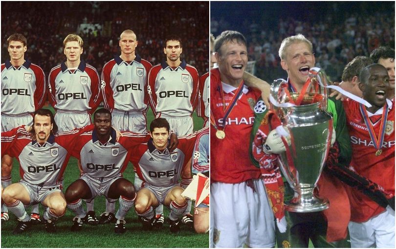 BARCELONA, SPAIN - MAY 26: CHAMPIONS LEAGUE 98/99 FINALE, Barcelona/ESP; FC BAYERN MUENCHEN-MANCHESTER UNITED 1:2; v.l.n.r.: Carsten JANCKER/BAYERN, Samuel KUFFOUR/BAYERN; Schiedsrichter Pierluigi COLLINA/ITA, Torwart Oliver KAHN/BAYERN enttaeuscht (Photo by Alexander Hassenstein/Bongarts/Getty Images)