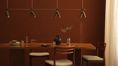 dining table and chairs with burgundy walls and light fitting