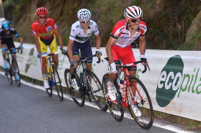 Joaquim Rodr&iacute;guez (Katusha) attacks with Alejandro Valverde (Movistar) and Alberto Contador (Tinkoff-Saxo)