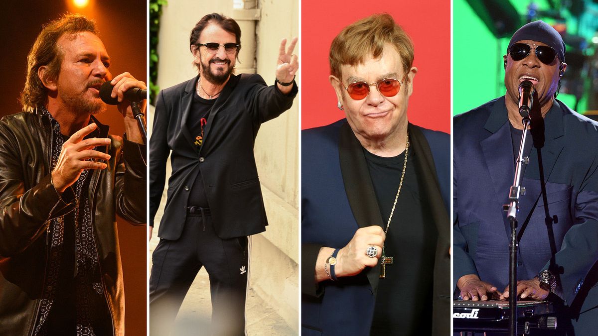 [L-R] Eddie Vedder, Ringo Starr, Elton John and Stevie Wonder