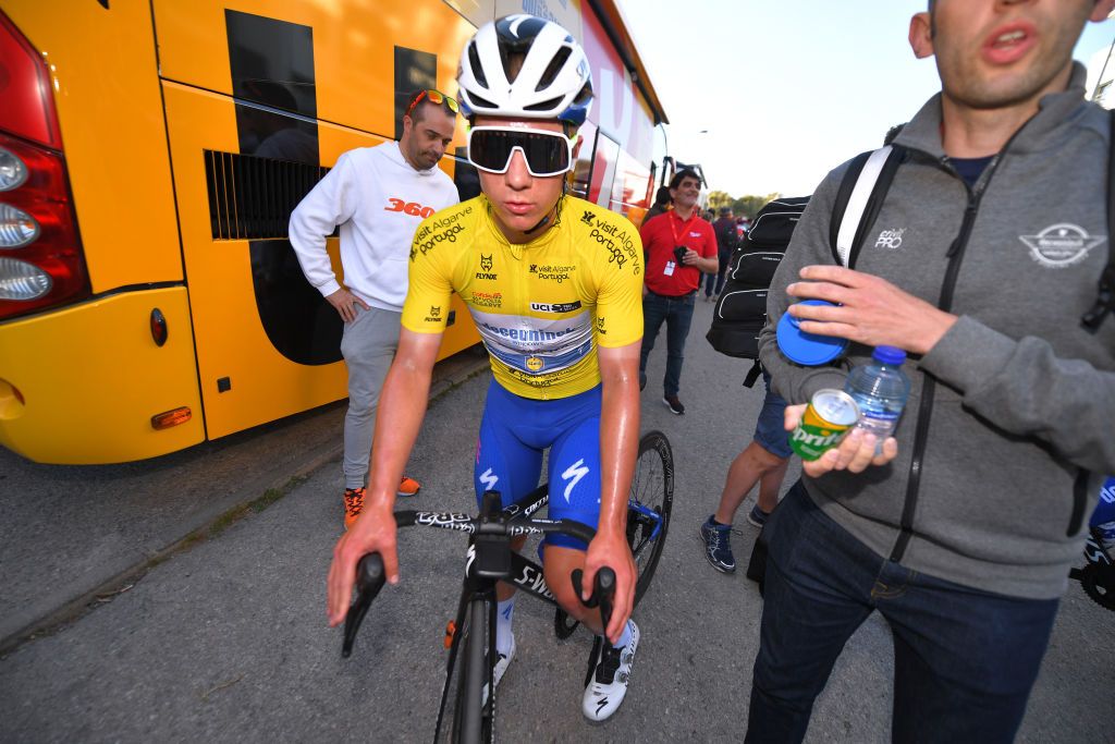 TAVIRA PORTUGAL FEBRUARY 21 Arrival Remco Evenepoel of Belgium and Team Deceuninck Quick Step Yellow Leader Jersey during the 46th Volta ao Algarve 2020 Stage 3 a 2019Km stage from Faro to Tavira VAlgarve2020 on February 21 2020 in Tavira Portugal Photo by Tim de WaeleGetty Images
