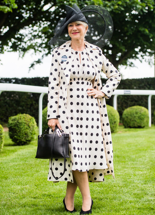 Dame Helen Mirren attends the Epsom Derby at Epsom Racecourse on June 2, 2018 in Epsom, England