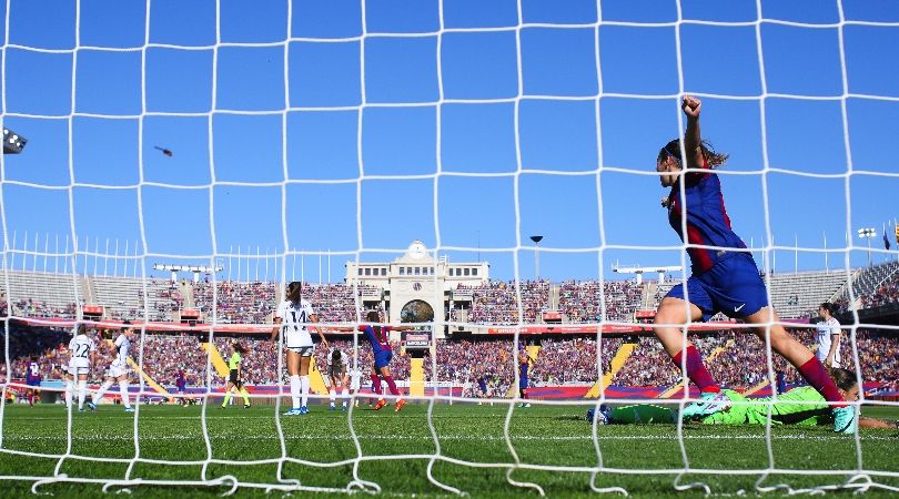 Aitana Bonmati celebrates after scoring Barcelona&#039;s first goal against Real Madrid at Montjuic in November 2023.