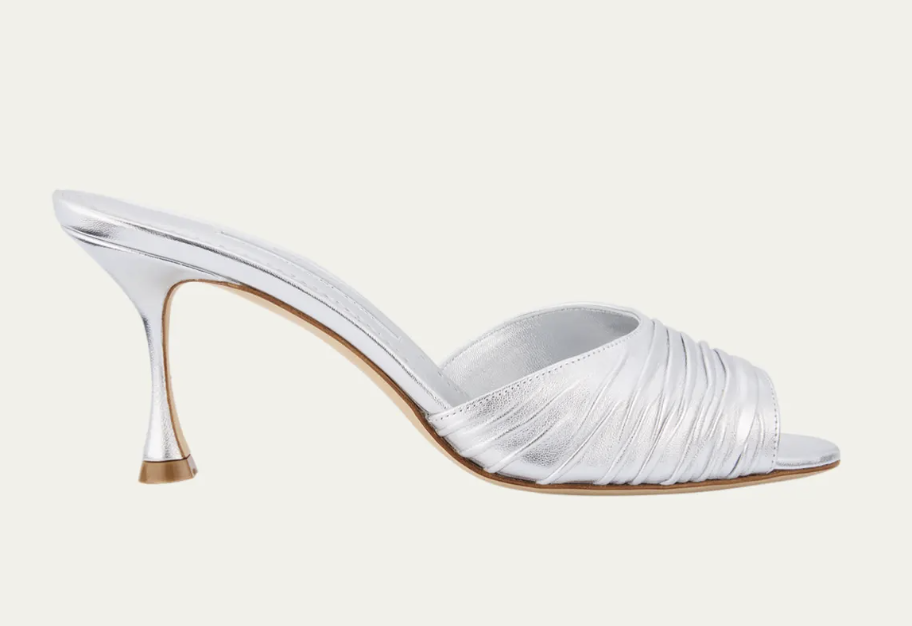 Manolo Blahnik, Pirua Ruched Metallic Mule Sandals