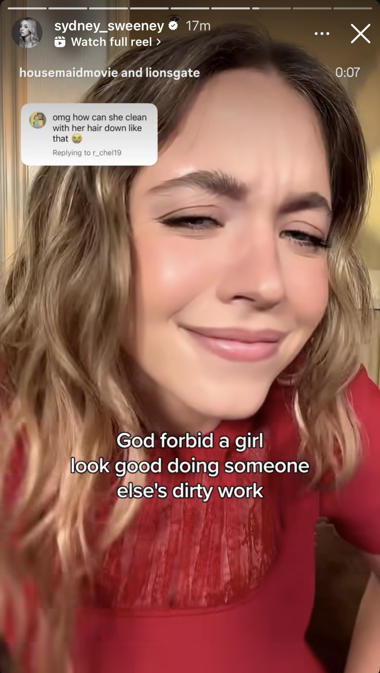 Sydney Sweeney playfully responding to an over-the-top complaint from her Housemaid movie on her Instagram stories.
