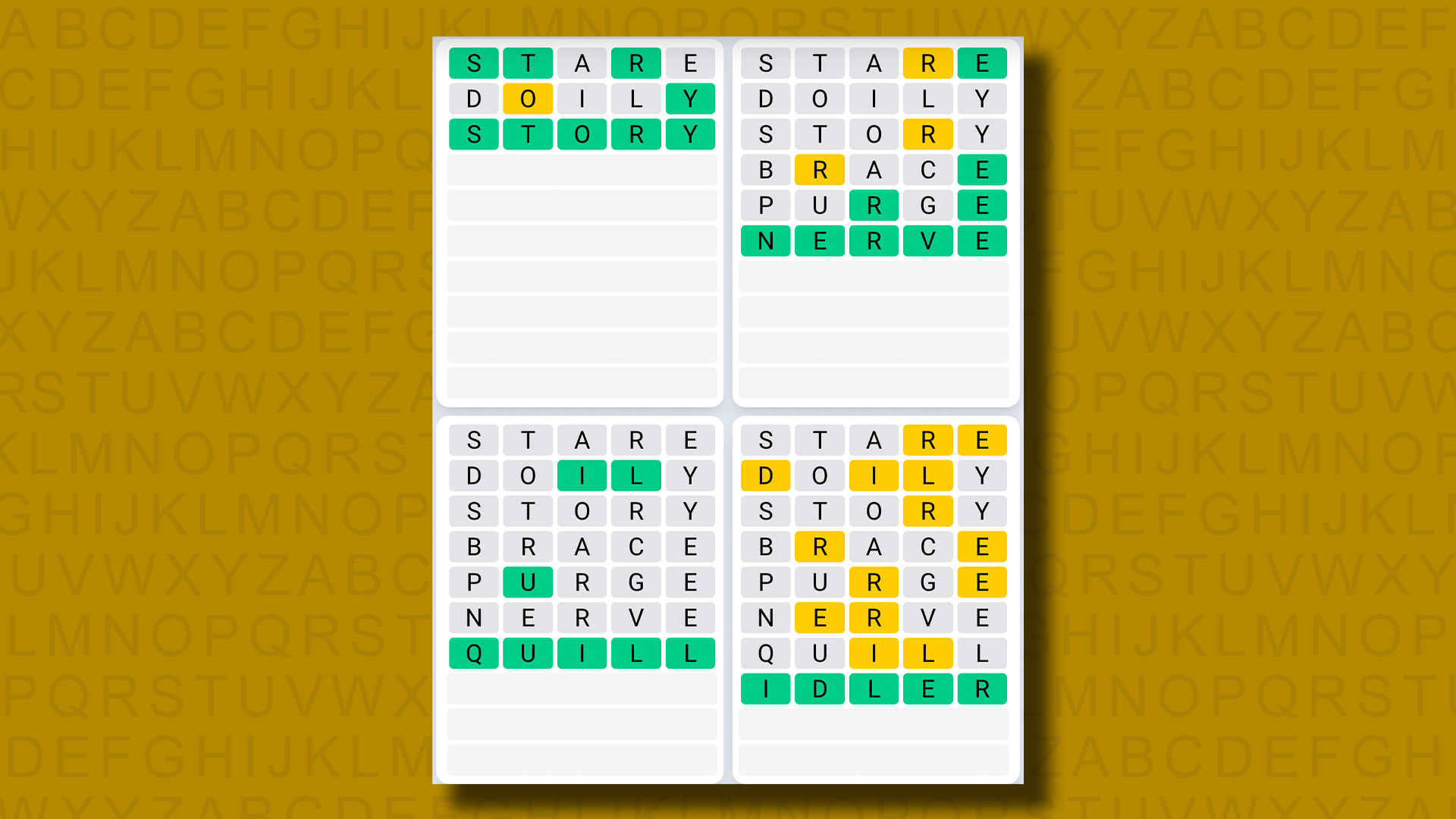 پاسخ Quordle Daily Sequence برای بازی 992 در پس زمینه زرد