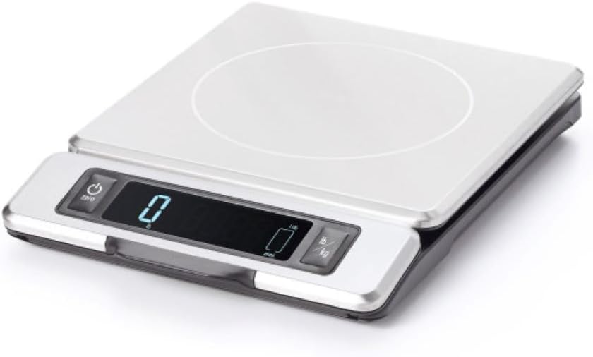 A stainless steel Oxo food scale
