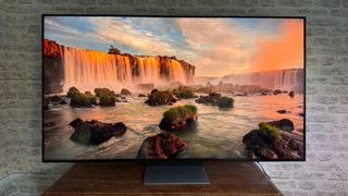 LG QNED91 65-inch LCD TV showing waterfalls on screen