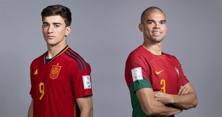 Gavi of Spain and Pepe of Portugal pose during the official FIFA World Cup Qatar 2022 portrait session on November 19, 2022 in Doha, Qatar.