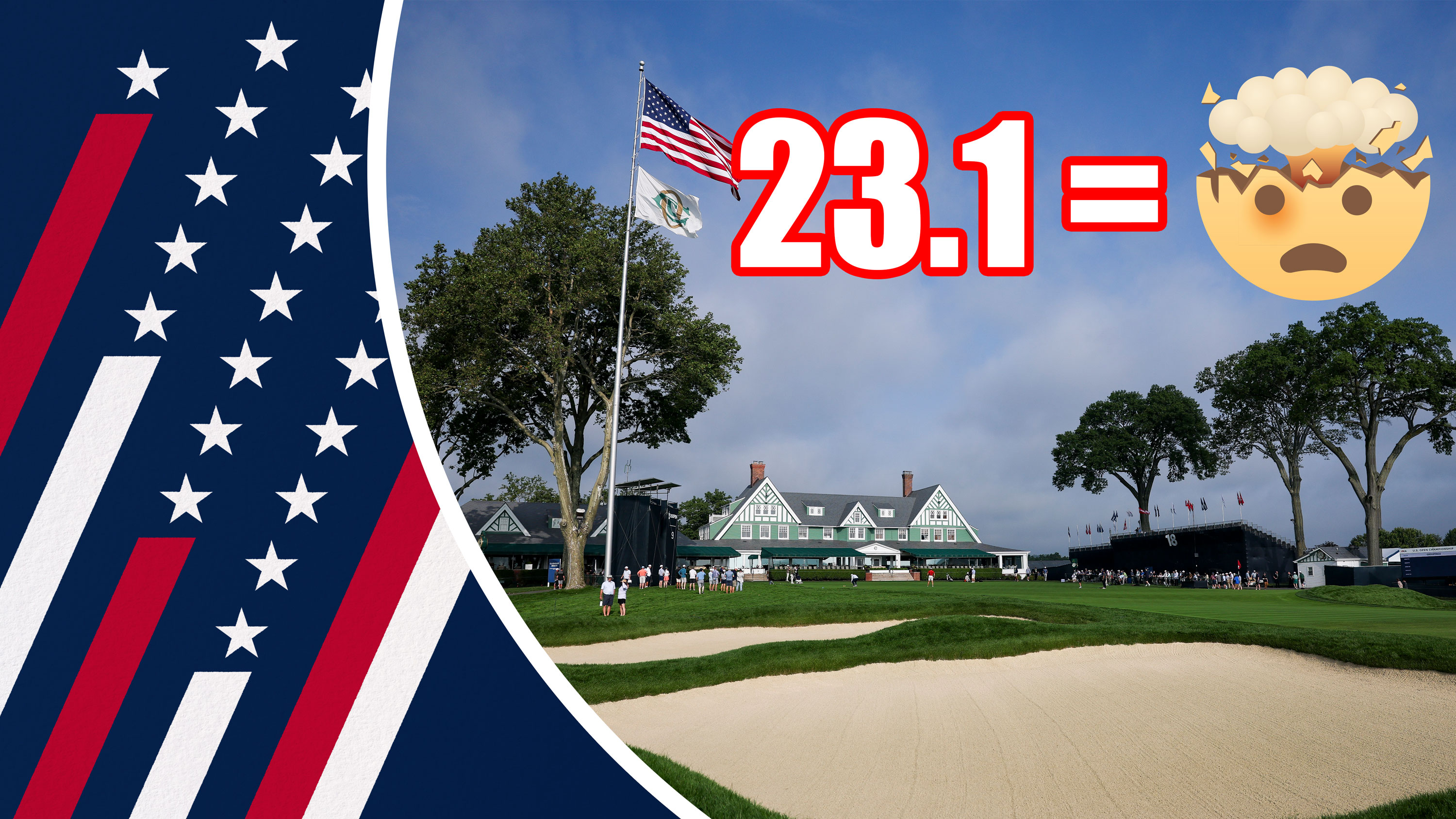 An American flag graphic wrapped around an inset image of Oakmont Country Club, the 2025 US Open venue, with text overlay reading '23.1', which is my handicap index, and a head explosion emoji to signify my disbelief about the course handicap I was assigned If I were to play Oakmont