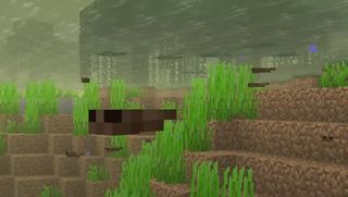 Minecraft - A tiny tadpole mob swims underwater in a swamp with several other tadpoles nearby