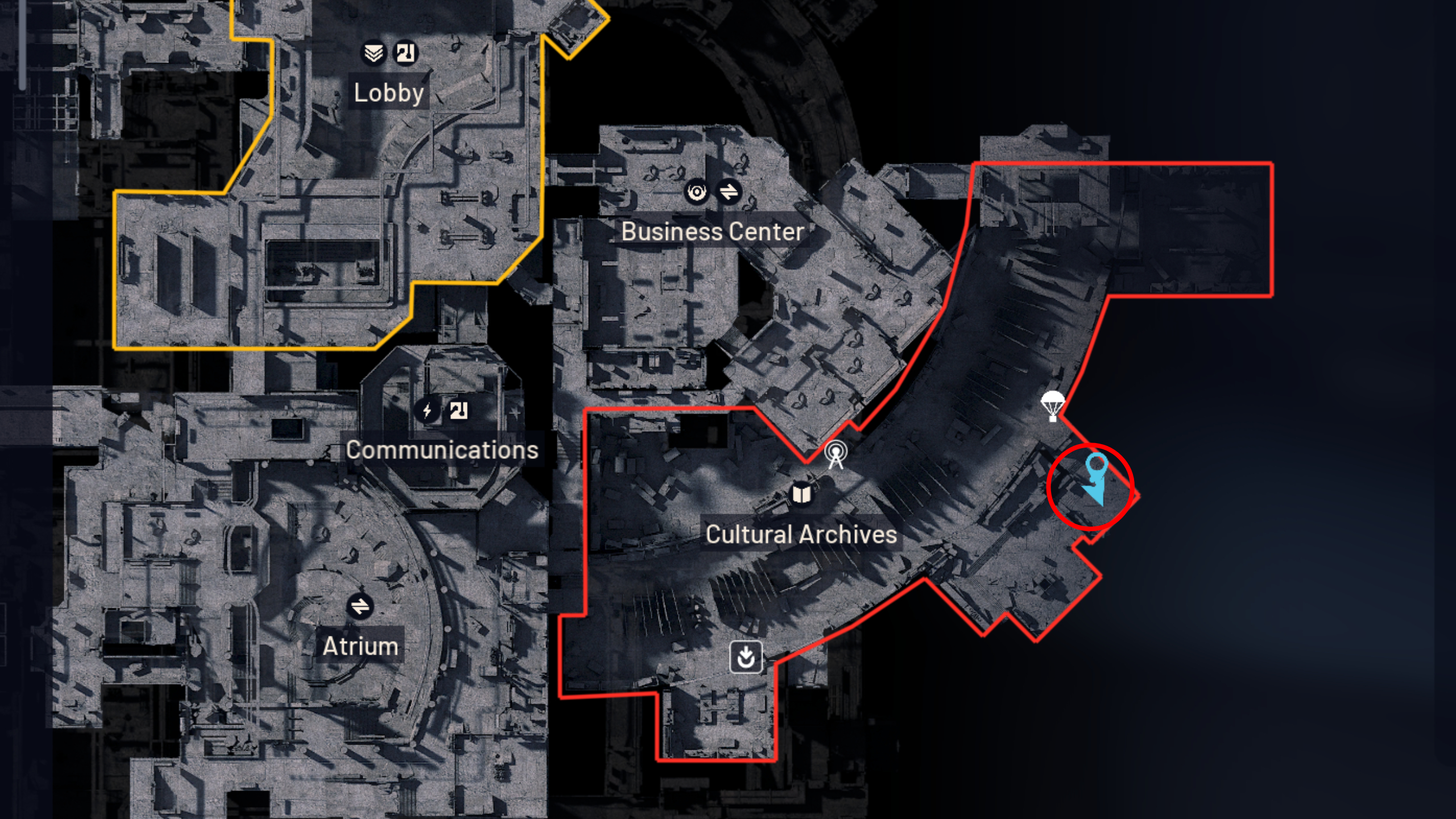 Arc Raiders Fragmented Logs: A map with a red circle highlighting a location in Cultural Archives.