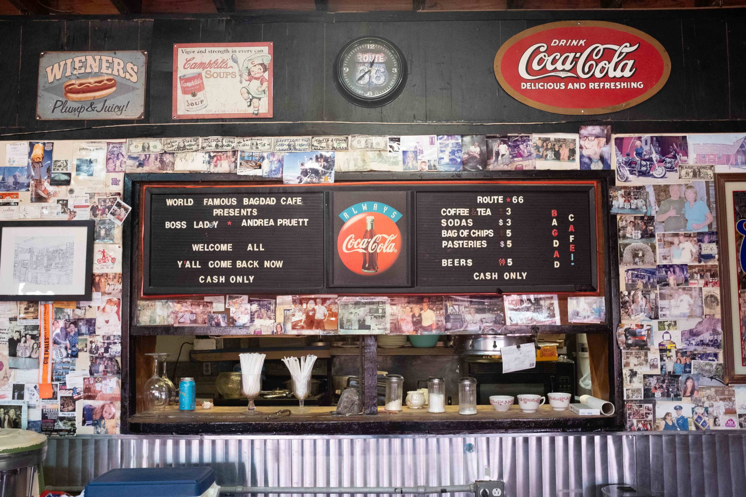 Retro-style photographs of the Route 66 road, motels and vintage vehicles
