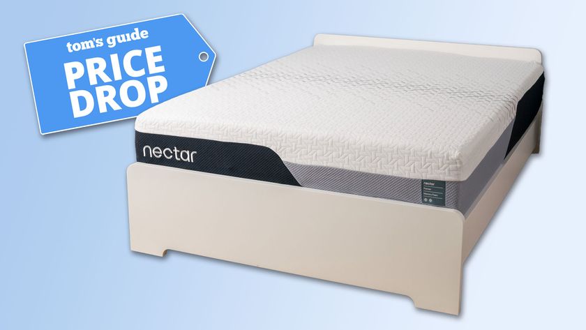 The Nectar Premier Memory Foam Mattress on a white bed frame against a blue background, with a Tom's Guide price drop deals graphic in the top left corner