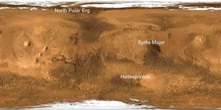 A map of Mars shows the three regions where the team of scientists behind a new study found the most dramatic sand dune movement: Syrtis Major, along the Hellespontus mountains, and near the north pole's ice cap.