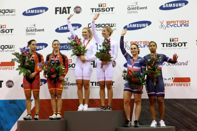 Jessica Varnish and Rebecca James on the team sprint podium top spot for GB