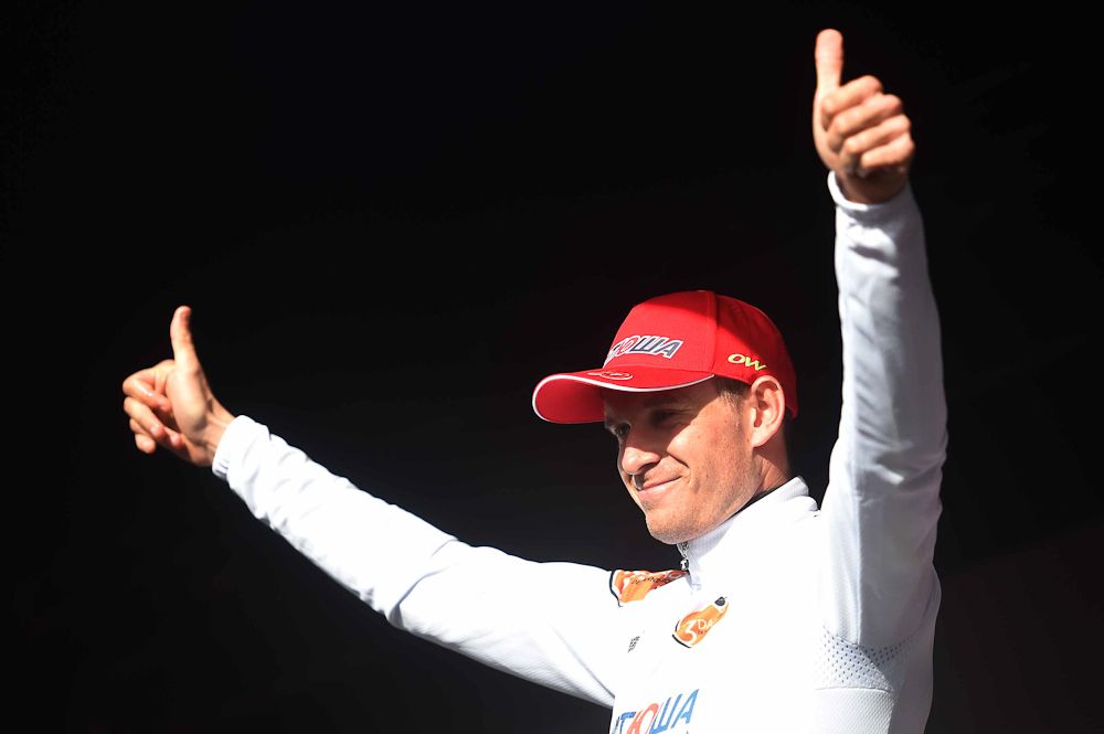 Alexander Kristoff (Katusha) gives the thumbs up to his overall win.
