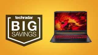 Acer Nitro 5 gaming laptop on yellow background with 'big savings' text overlay