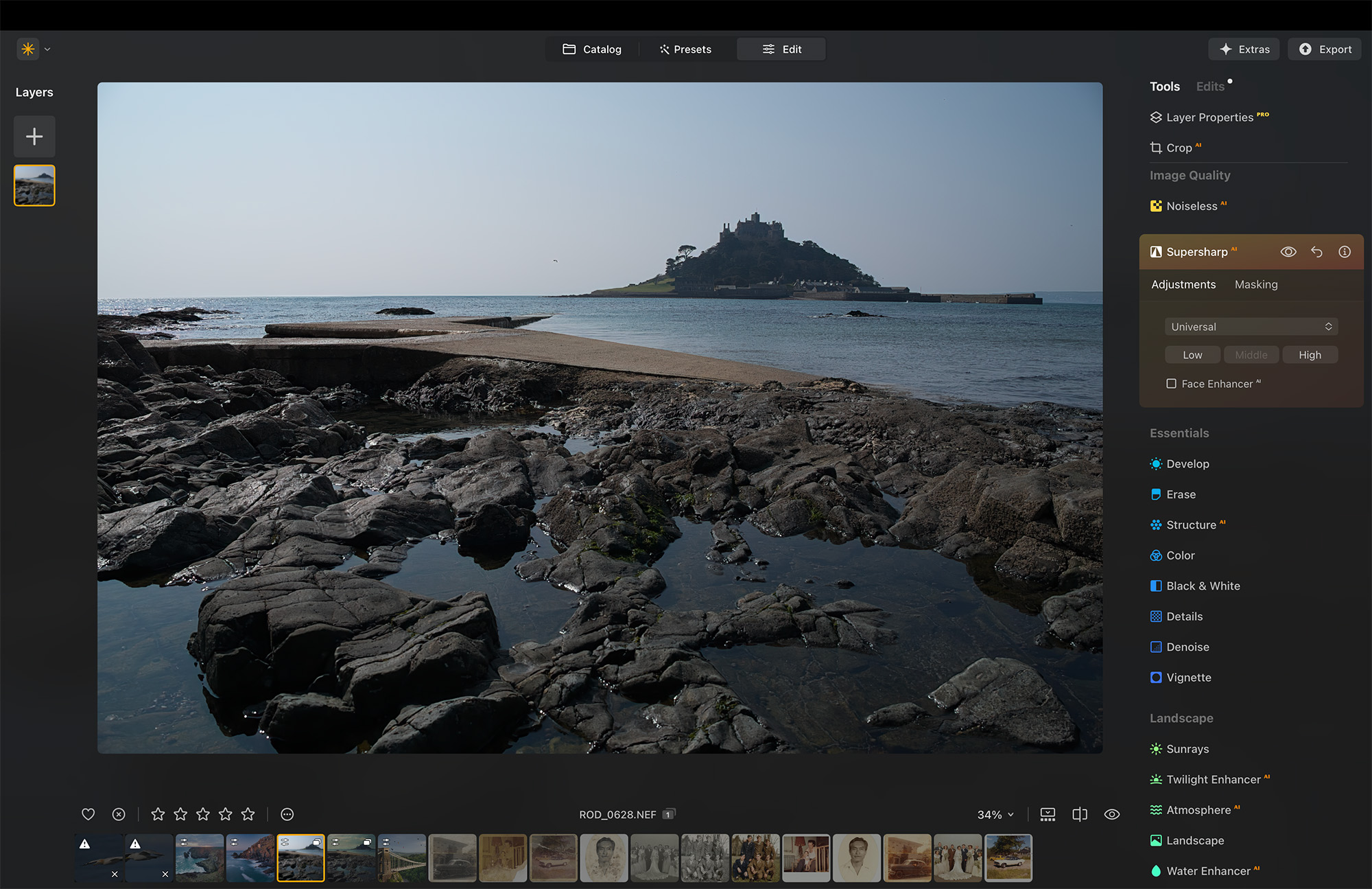 Screenshot from Luminar Neo showing image of rocky foreground with island in the background