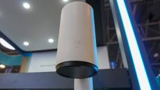 TP-Link's Deco BE65-Outdoor Wi-Fi 7 mesh node mounted to a pole at CES 2025