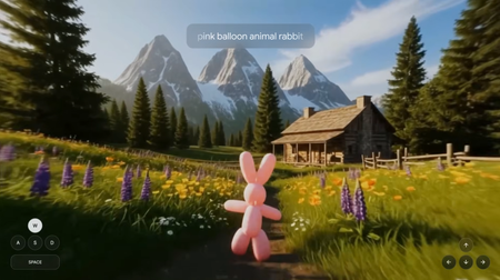 Project Genie screenshot showing a pink balloon animal walking toward a cabin among a field of wildflowers.