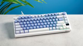 A Royal Kludge M75 wireless mechanical keyboard with blue keycaps