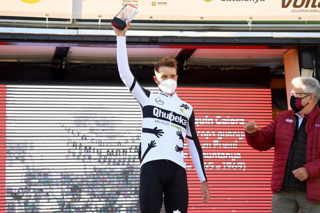 VALLTER 2000 SETCASES VALL CAMPRODON SPAIN MARCH 24 Podium Reinardt Janse Van Rensburg of South Africa and Team Qhubeka Assos Sprint Trophy Celebration during the 100th Volta Ciclista a Catalunya 2021 Stage 3 a 2031km stage from Canal Olmpic de Catalunya to Vallter 2000 Setcases Vall Camprodon 2125m Mask Covid safety measures VoltaCatalunya100 on March 24 2021 in Vallter 2000 Setcases Vall Camprodon Spain Photo by David RamosGetty Images