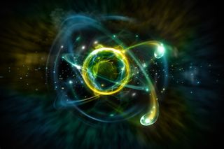 3D illustration of an atom and quarks.