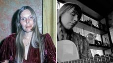 split screen with joni mitchell on the left and her laurel canyon home on the right