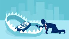 Digital rendition of a man in a business suit reaching for dollar bills in a trap