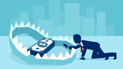 Digital rendition of a man in a business suit reaching for dollar bills in a trap