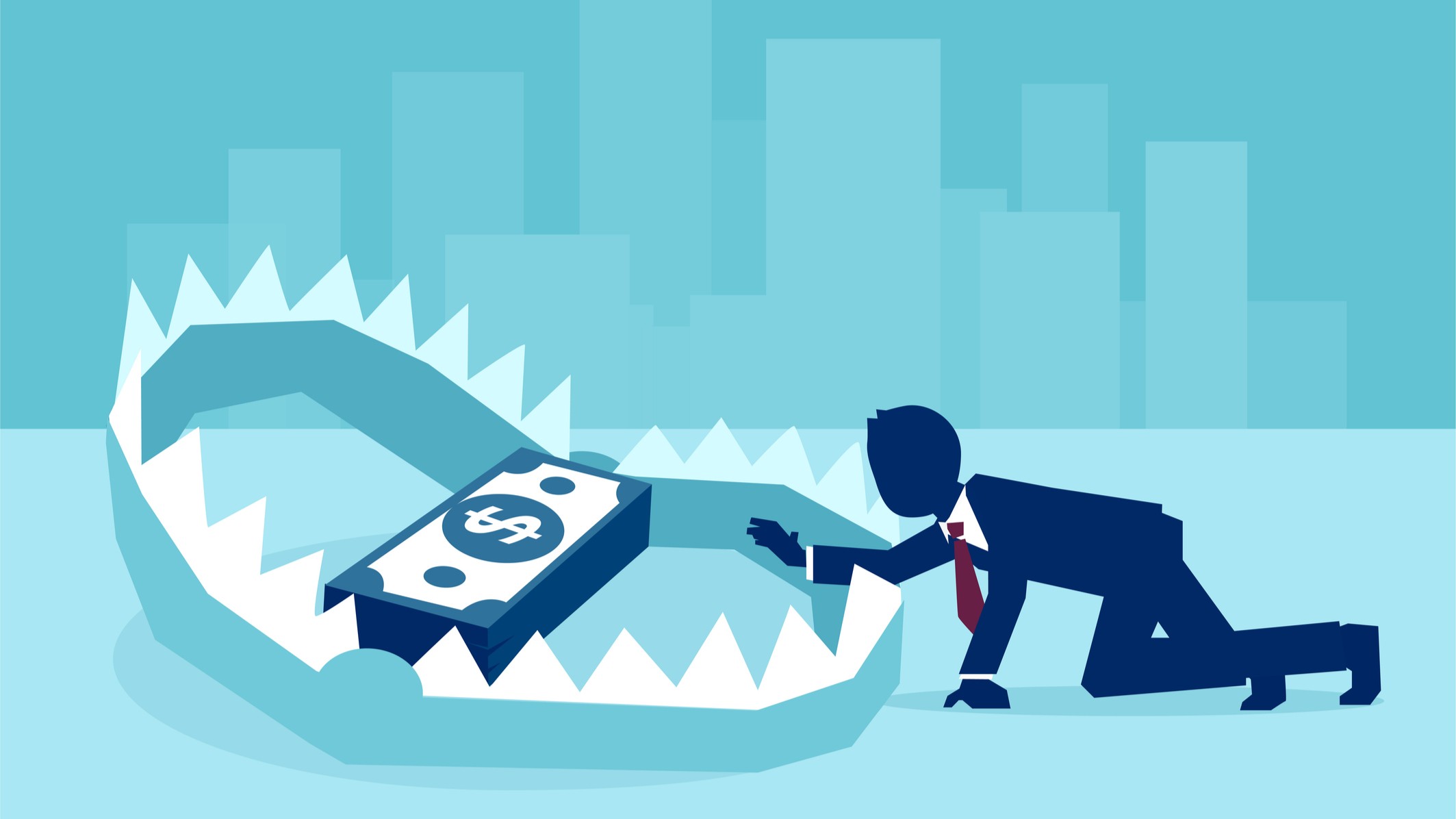 Digital rendition of a man in a business suit reaching for dollar bills in a trap