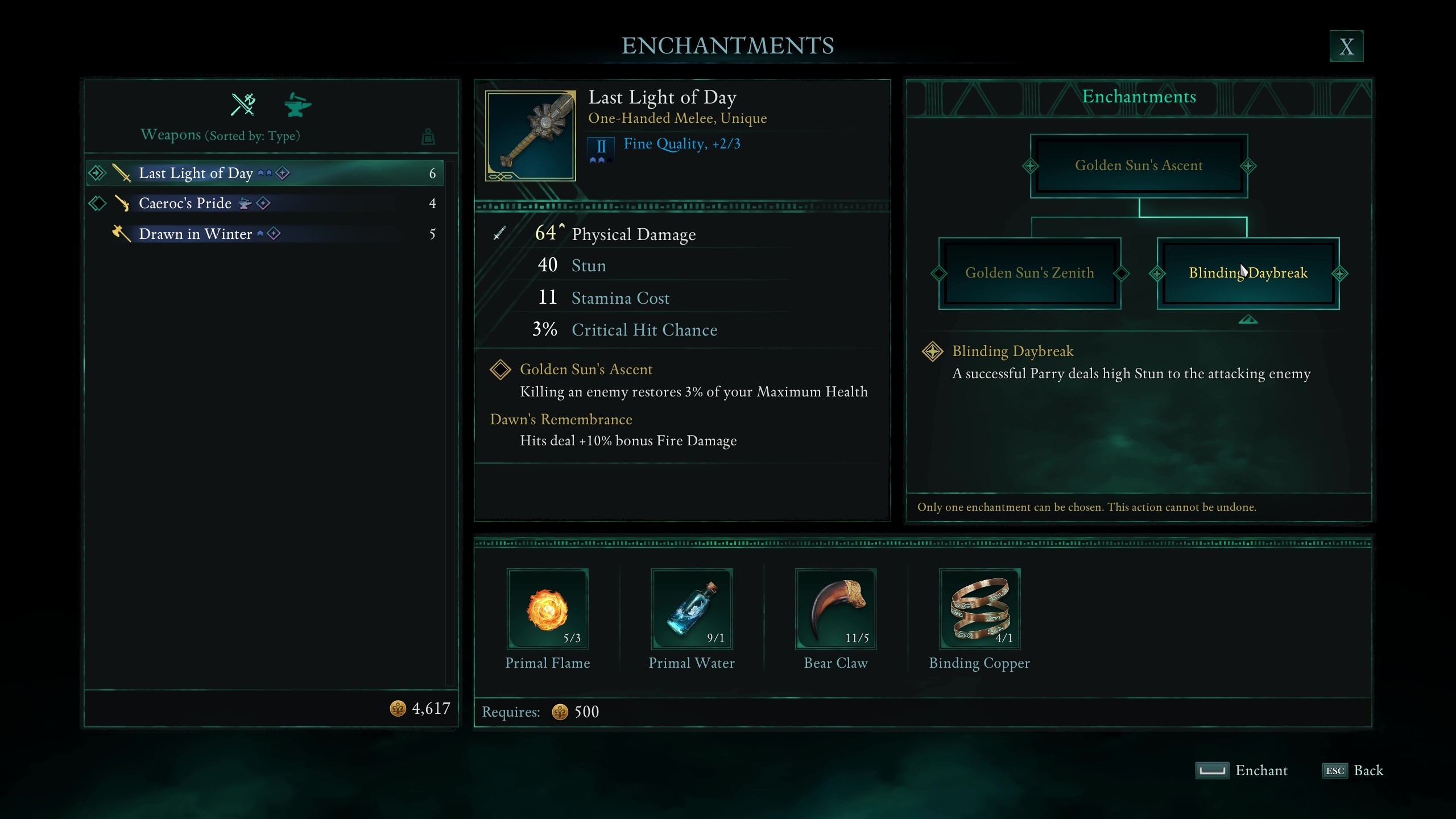 Avowed tips - The enchantment interface showing the various options for the Last Light of Day sword.