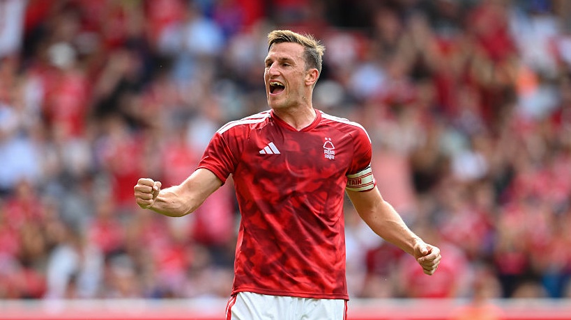 Chris Wood of Nottingham Forest celebrates after scoring from the penalty spot to make it 1-0 during the Pre-season Friendly match between Nottingham Forest and Stade Brestois.