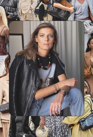 a headshot photo of the luxury resale expert Sophie Hersan layered over a collage of street-style images showing the most popular vintage handbags