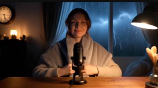 I tried making an ASMR AI video; a woman sits at a desk under cosy lighting