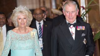 Camilla, Duchess of Cornwall and Prince Charles, Prince of Wales arrive at the CHOGM Dinner at the Cinnamon Lakeside Hotel