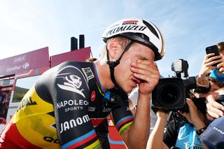 LARRABELAGUA SPAIN SEPTEMBER 09 Stage winner Remco Evenepoel of Belgium and Team Soudal Quick Step reacts after the 78th Tour of Spain 2023 Stage 14 a 1562km stage from SauveterredeBarn to LarraBelagua 1588m UCIWT on September 09 2023 in LarraBelagua Spain Photo by Tim de WaeleGetty Images