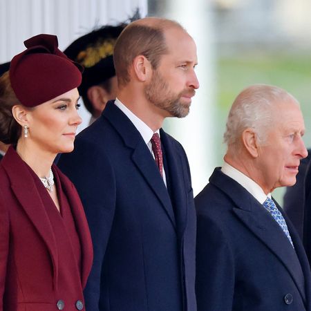 Princess Kate, Prince William, and King Charles III attend the Ceremonial Welcome, at Horse Guards Parade, for the Qatar State Visit to the United Kingdom on December 3, 2024