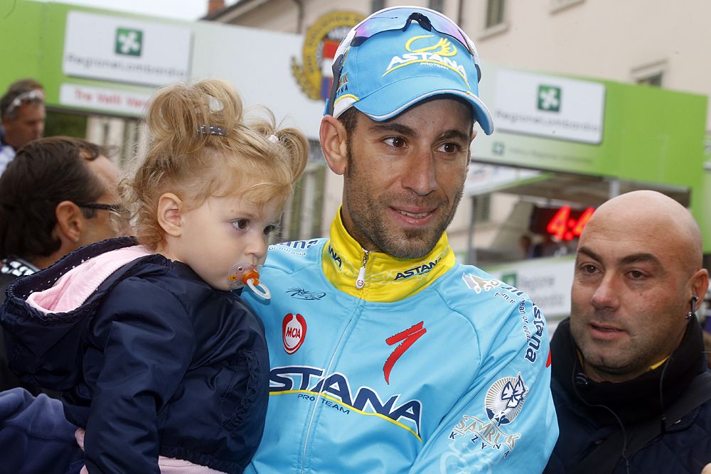 Vincenzo Nibali (Astana) holding his daughter after winning Tre Valli Varesine