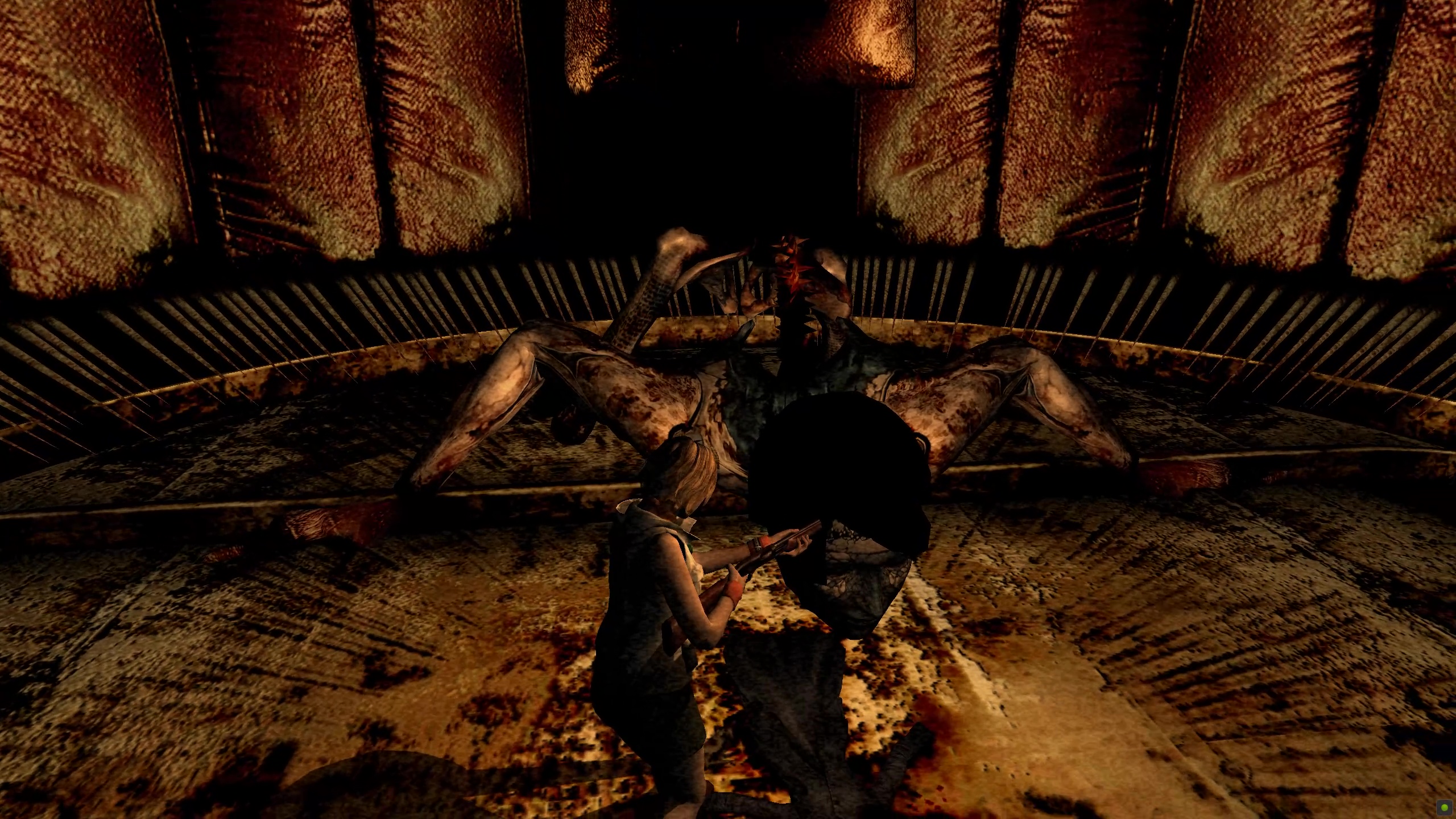 The God falls to Heather&#039;s level in Silent Hill 3, its veiled head close enough for her to aim a shotgun at