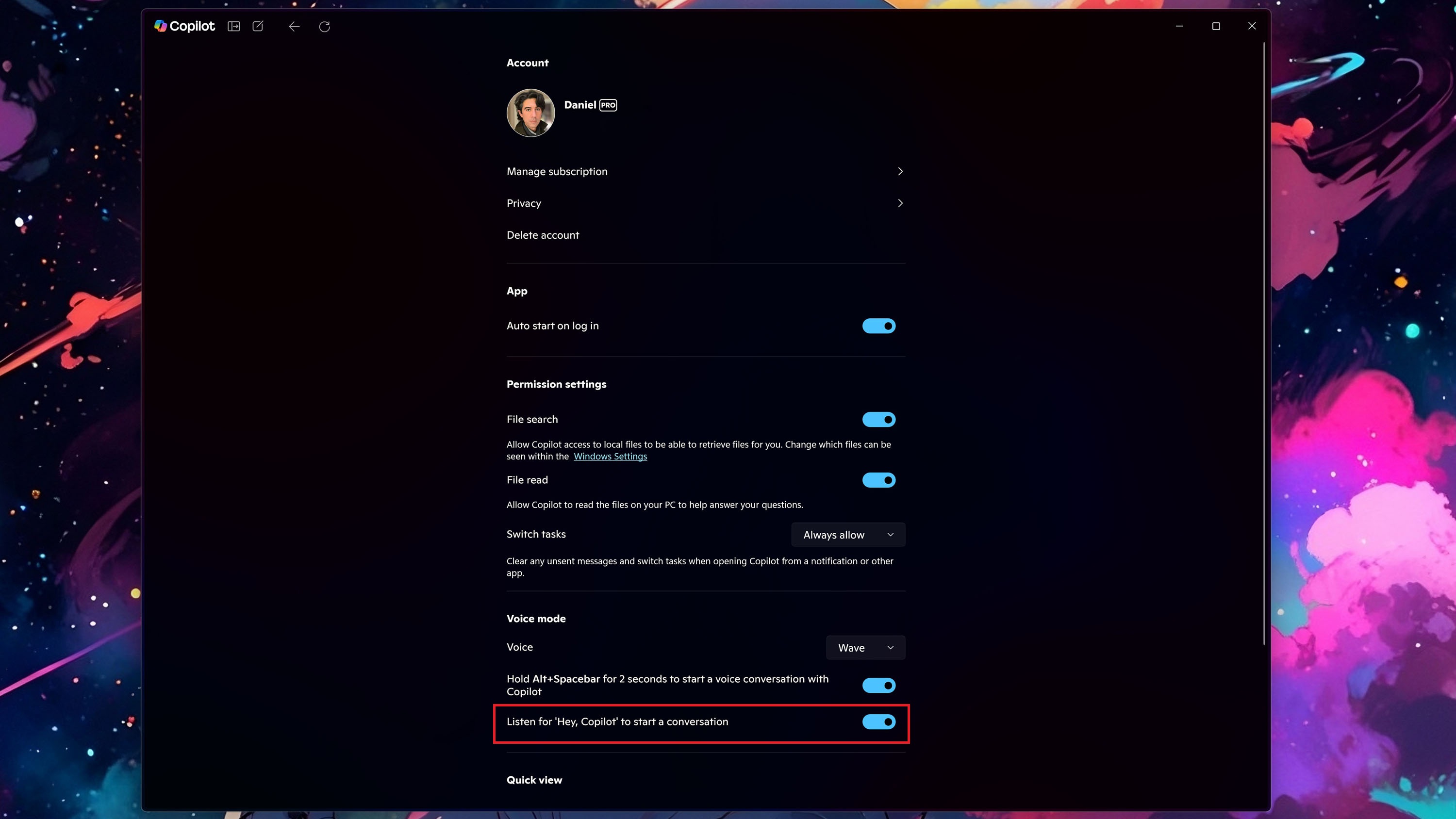 A screenshot of the latest Copilot app for Windows 11 that shows the new wake word option under settings.