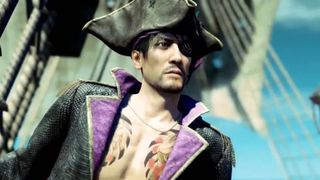 Goro Majima stuns in a pirate hat in a screenshot from Like A Dragon: Pirate Yakuza in Hawaii.