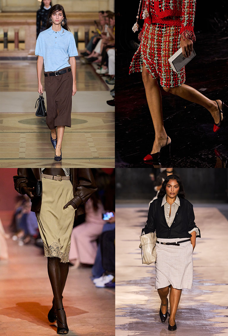 Women on the spring 2026 runway wearing various skirt styles