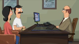Linda and Bob Belcher sit stunned at the bank with Mr. Dowling in The Bob's Burgers Movie.