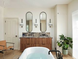 modern bathroom with a tub in the middle