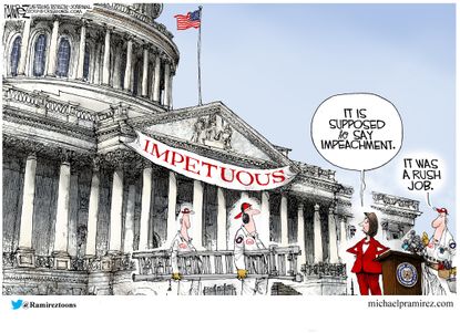 Political Cartoon U.S. Pelosi Congress Banner Impetuous Error Impeachment