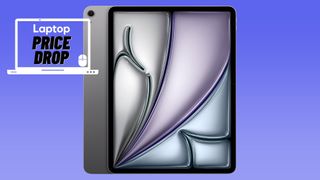 Space gray M3 iPad Air against blue gradient background with price drop deals badge