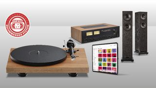 Pro-Ject Debut Evo 2, NAD C 3050, Fyne F501E and iPad grouped together with Recommended Systems logo