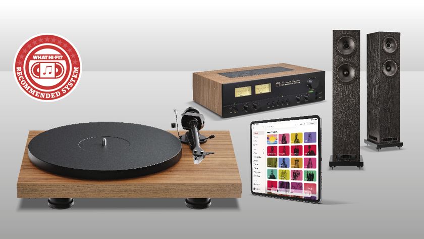 Pro-Ject Debut Evo 2, NAD C 3050, Fyne F501E and iPad grouped together with Recommended Systems logo